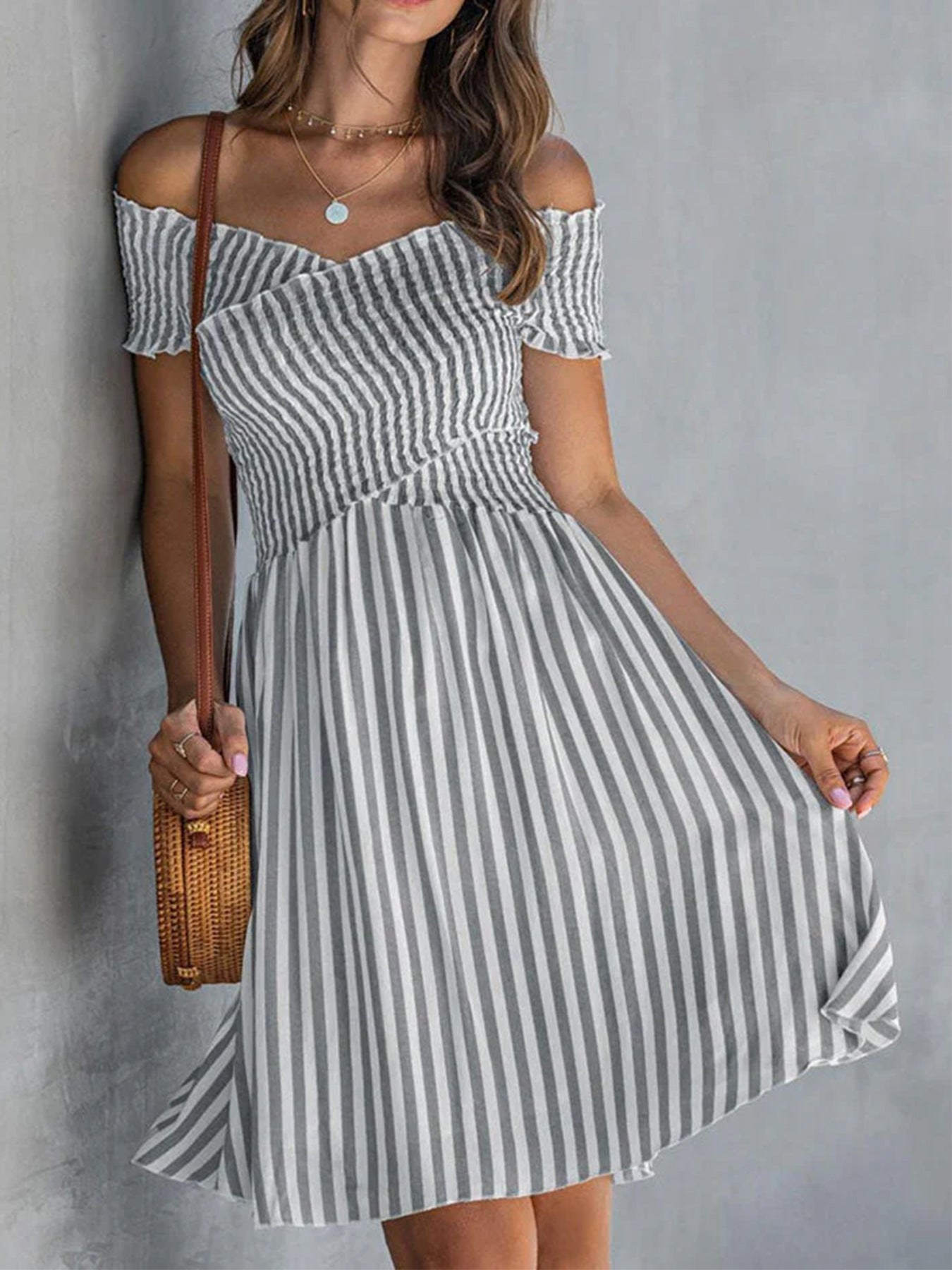Off-the-shoulder Striped Waist-cinching Dress European And American Style