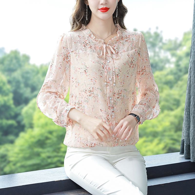 French-style Ruffled Floral Long-sleeve Chiffon Blouse