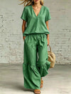 Womens Casual Solid Color V-Neck Loose Short-Sleeve Pants Set