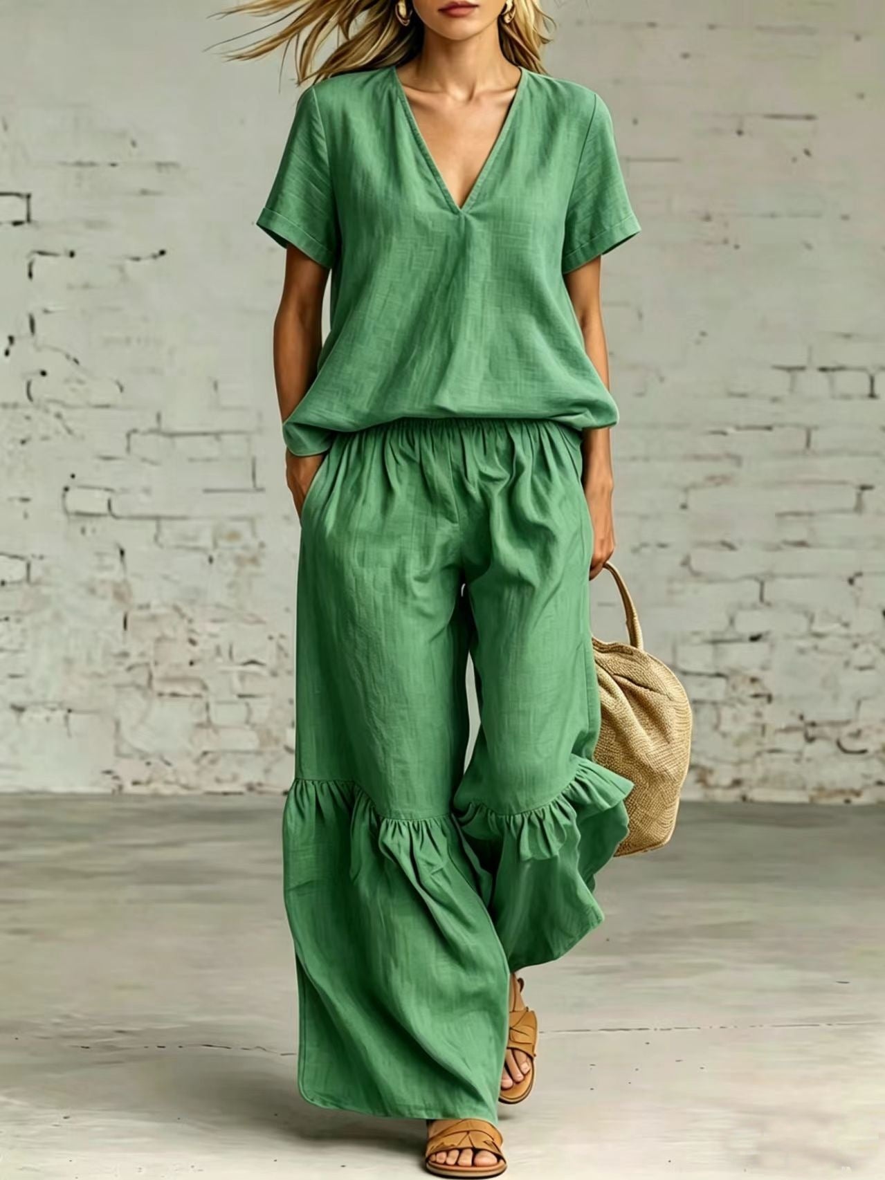 Womens Casual Solid Color V-Neck Loose Short-Sleeve Pants Set