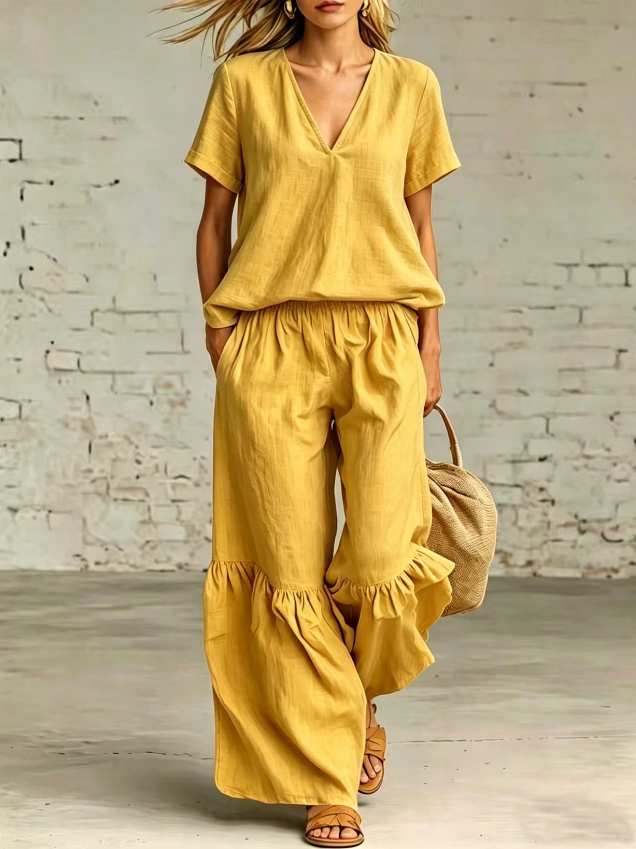 Womens Casual Solid Color V-Neck Loose Short-Sleeve Pants Set