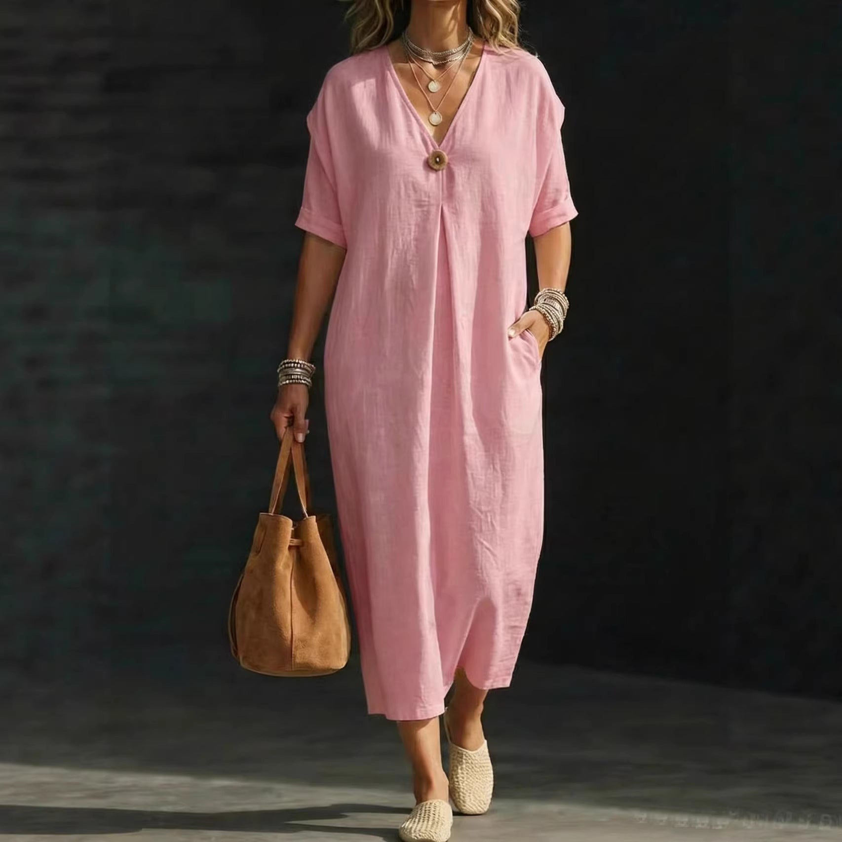 Women's V-neck Single-button Short-sleeve Dress