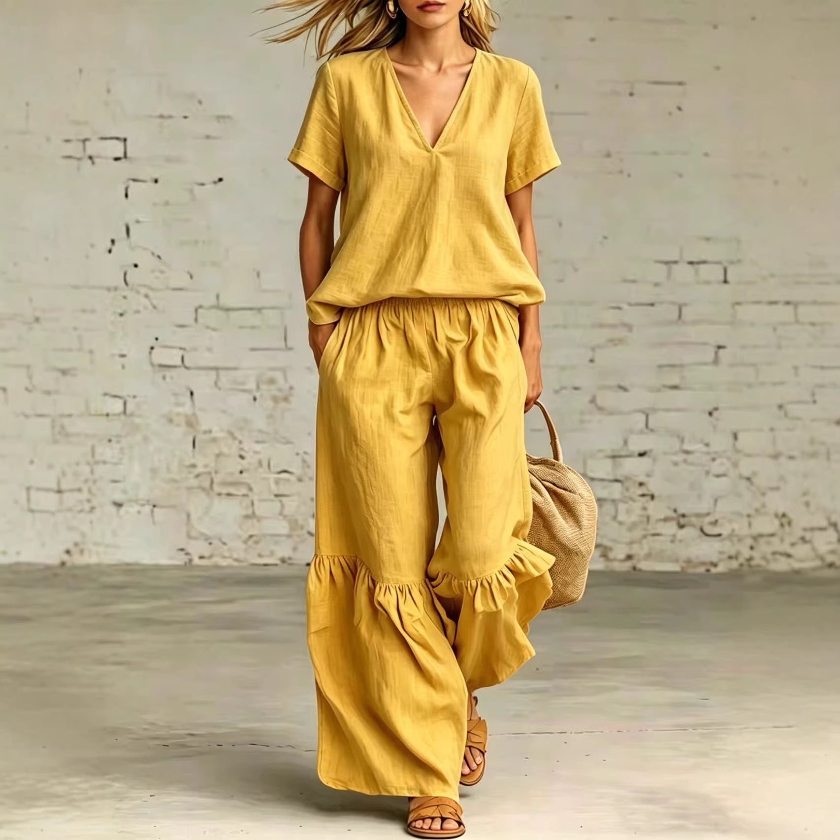 Womens Casual Solid Color V-Neck Loose Short-Sleeve Pants Set