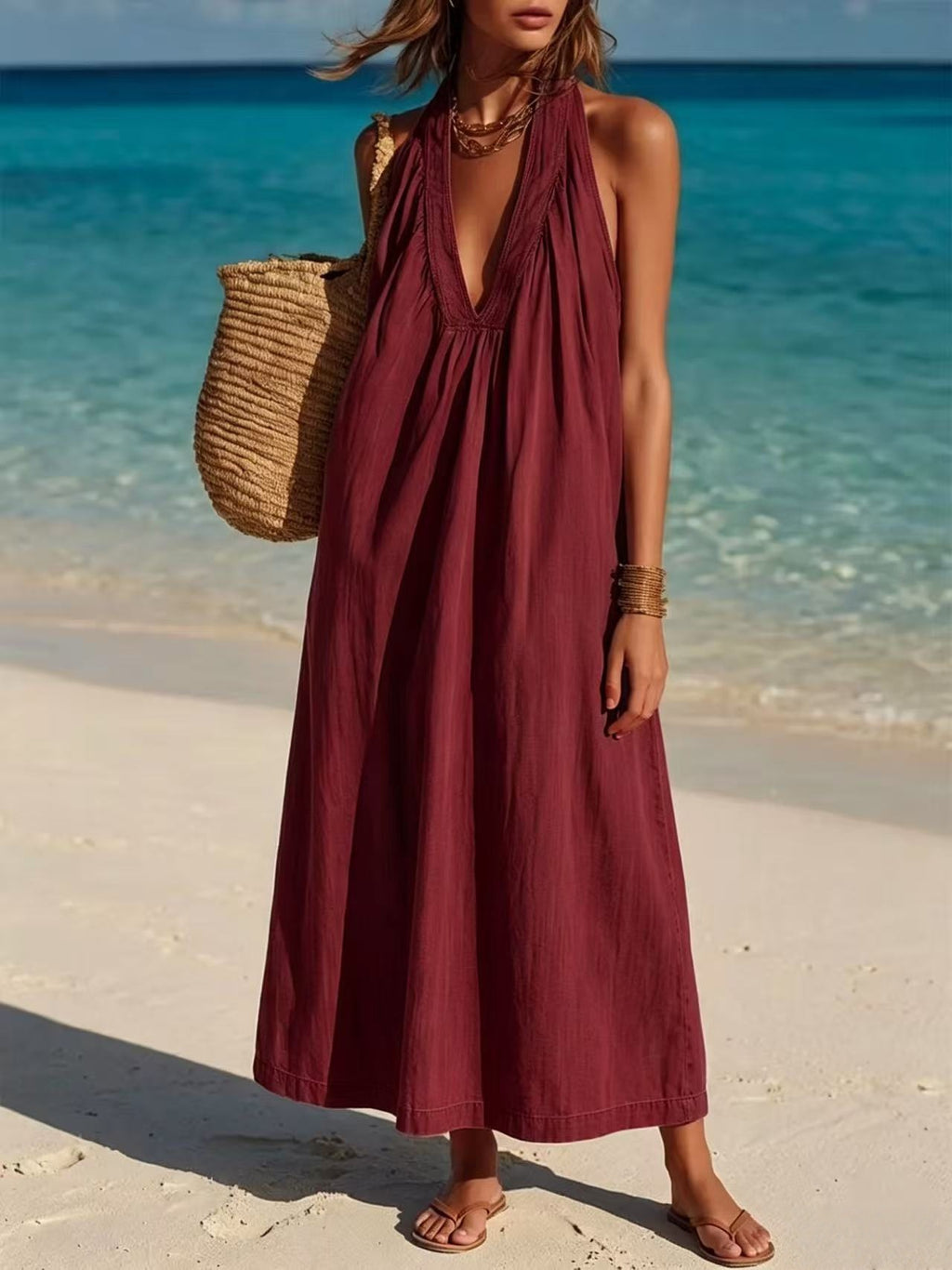 Womens Long Sleeveless Cotton-Linen Comfortable Dress