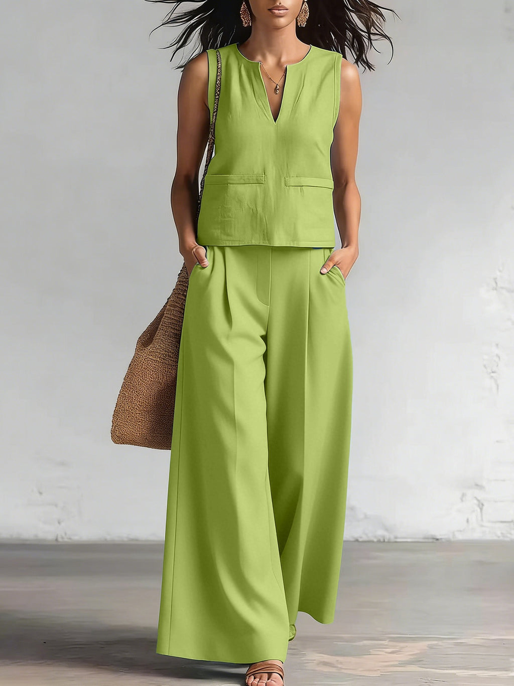 Solid-color Elegant Two-piece Set Crew-neck Vest And Wide-leg Pants