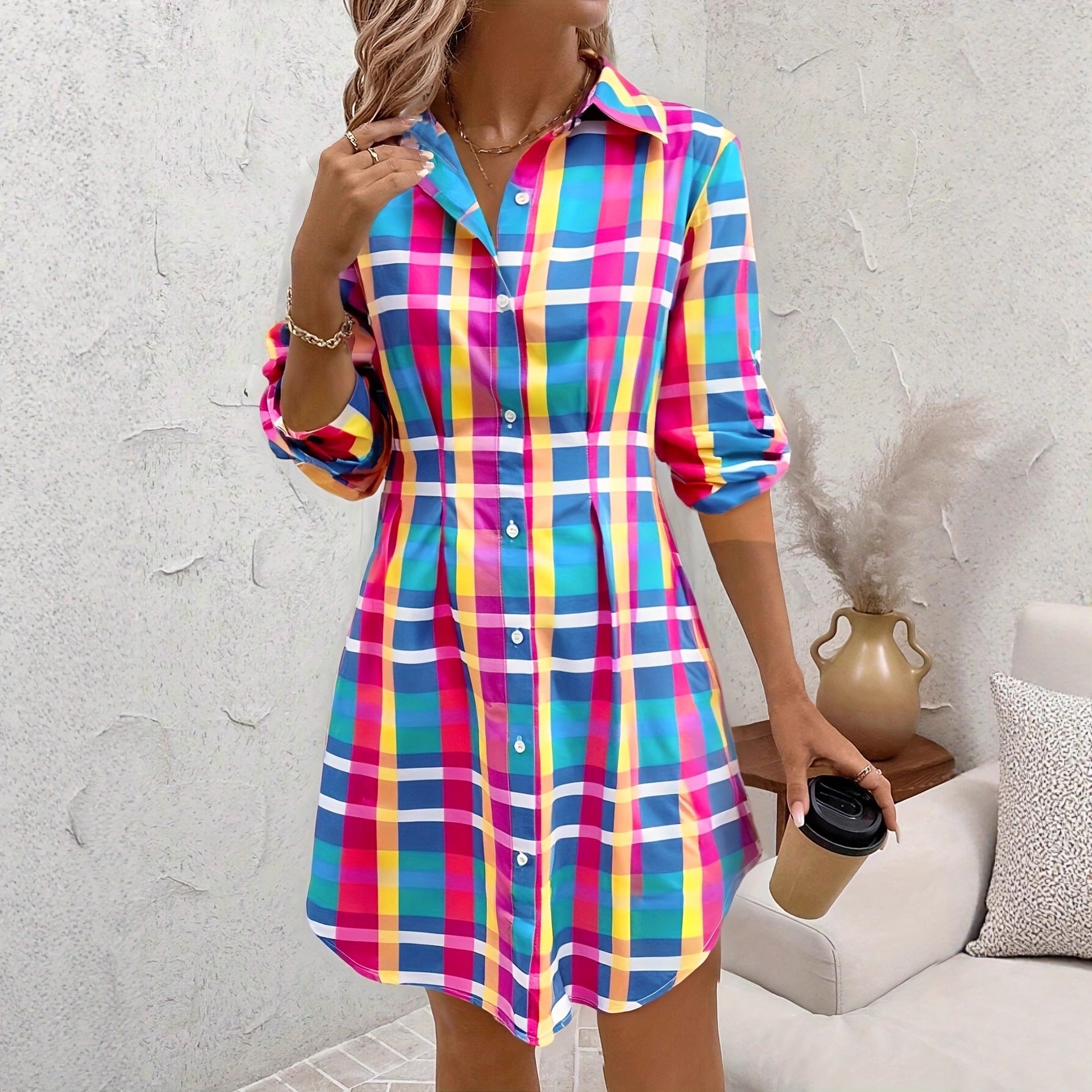 Fashionable Colorful Plaid Printed Shirt Dress