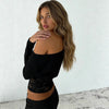 Womens Solid-Color Off-Shoulder Batwing Sleeve Lace-Patchwork Top