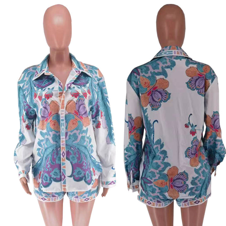 Printed Long-Sleeve Shorts Casual Set For Women