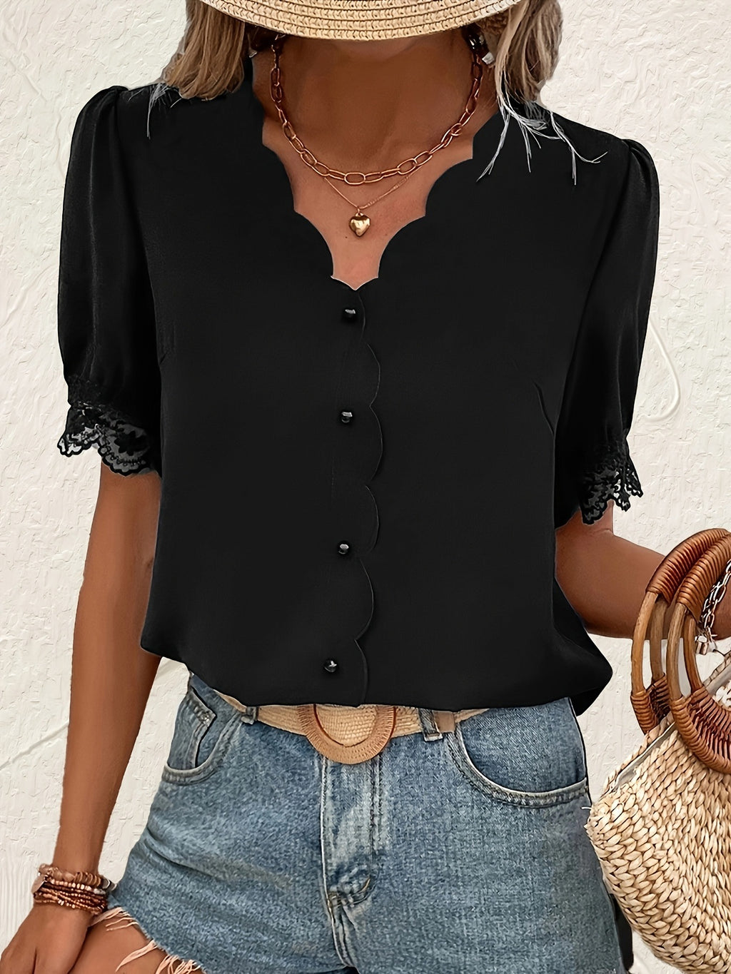 Minimalist Short-Sleeve Solid-Color Top With Notched Hem And V-Neck