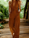 Loose-fit Casual V-neck Sleeveless Solid-color Wide-leg Jumpsuit With Pockets