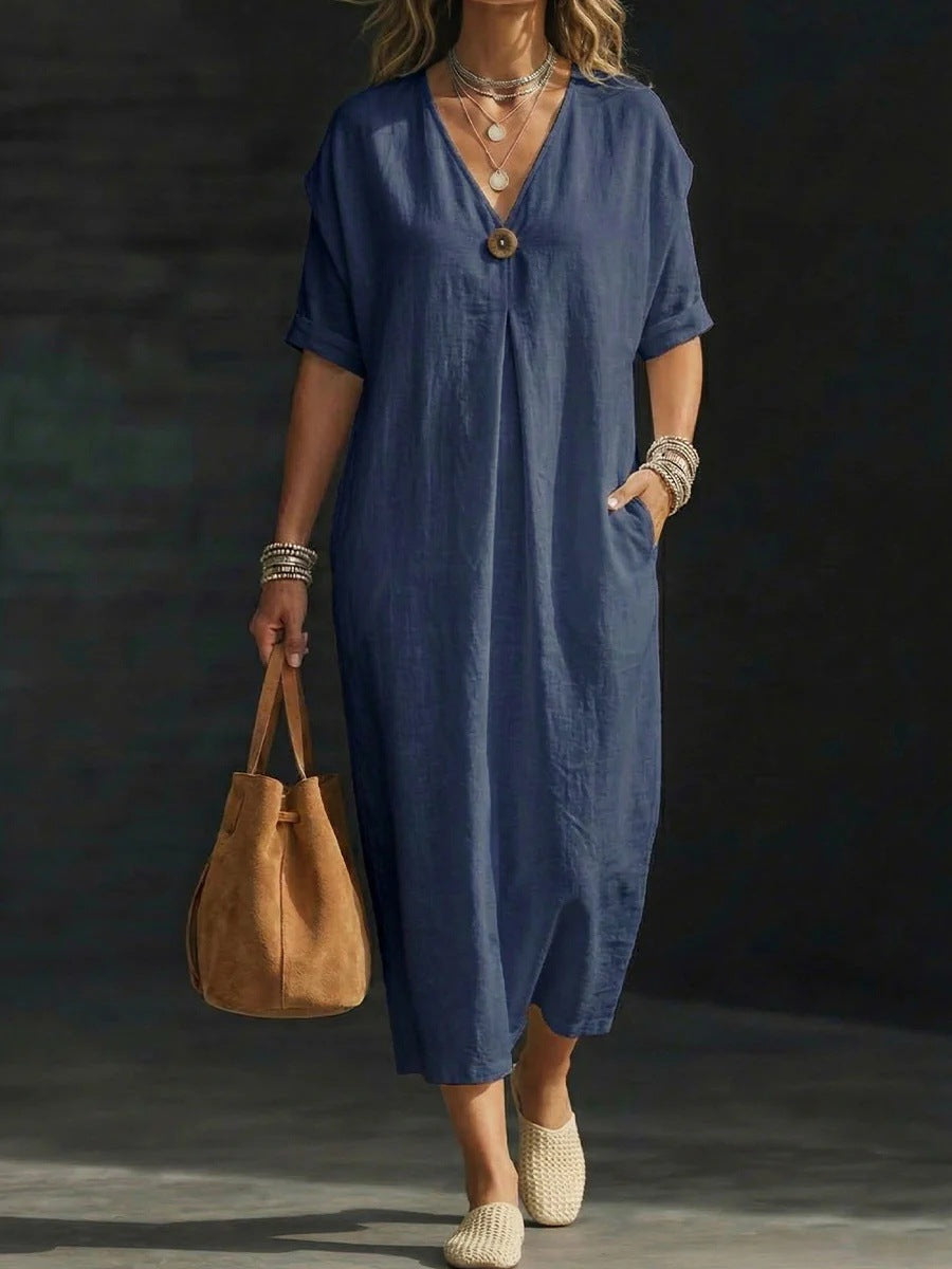 Women's V-neck Single-button Short-sleeve Dress