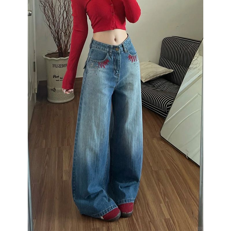 Retro Washed High-Waist Loose Fit Denim Jeans For Women