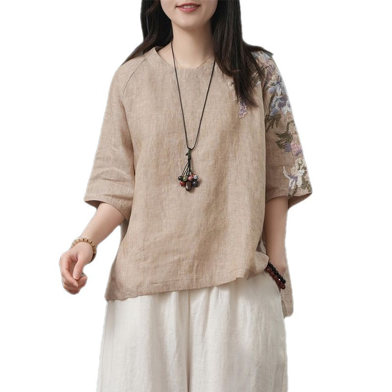 Summer Ethnic Style Embroidered Plus-Size Loose Fit Artistic Vintage Chinese Style T-Shirt