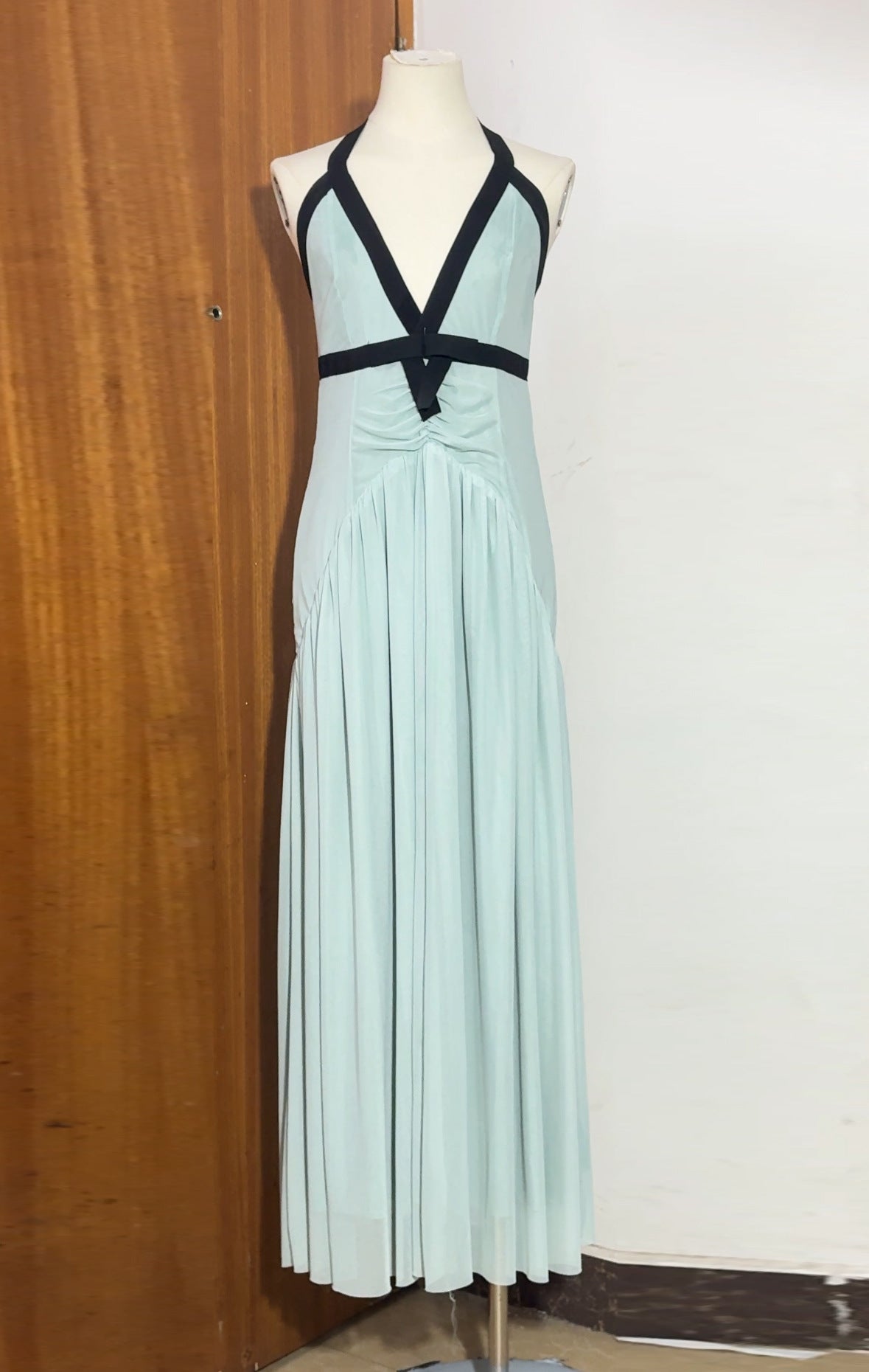 Light Green Celebrity-style Halterneck Deep V-neck Wrap Bustier With Cutout Back