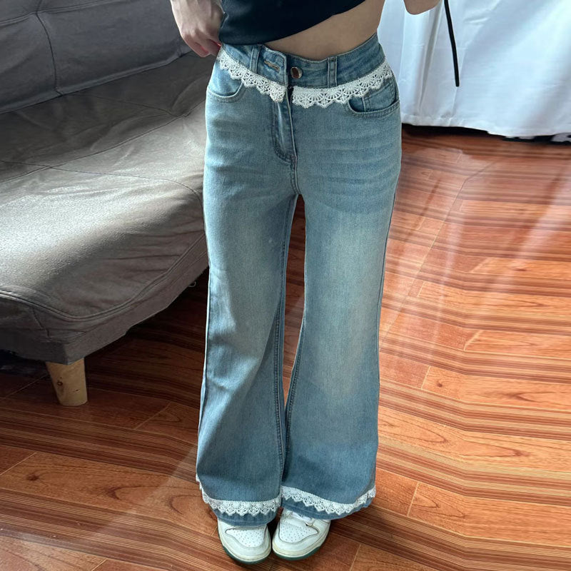 Lace-trimmed Patchwork Flared Jeans
