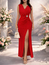 Side-slit Pleated Waist-cinched Evening Gown Dress