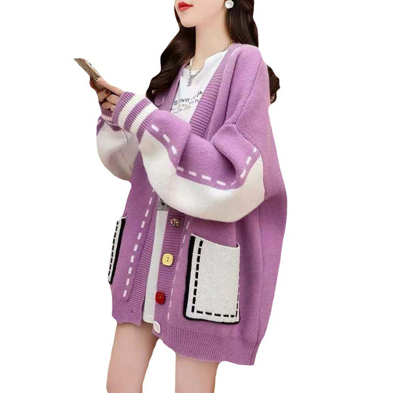 V-neck Contrast-Colored Designer Sweater Womens All-Match Outerwear