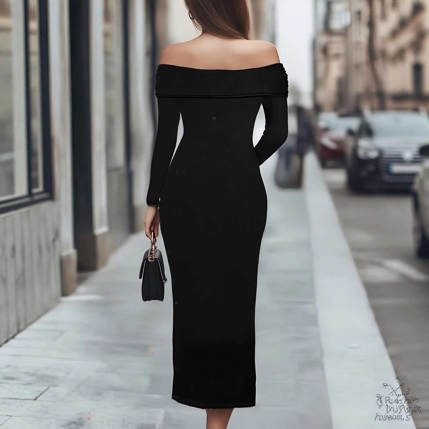 Womens Fashion Solid-Color Long-Sleeve Beaded Sheath Off-Shoulder Dress