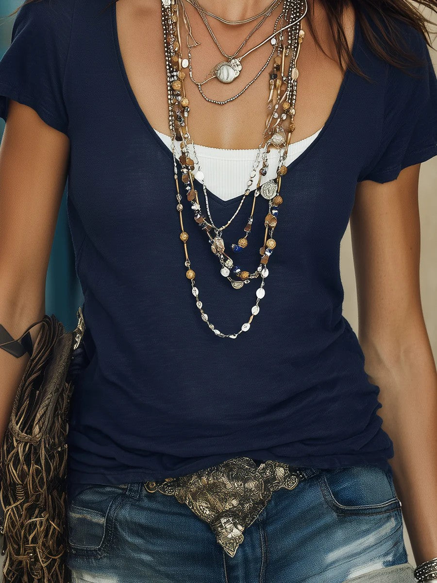 Women's Casual Fashion Solid Color Fake Two-Piece Short-Sleeve T-Shirt