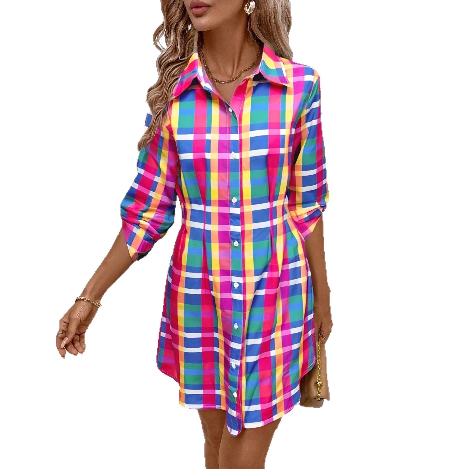 Fashionable Colorful Plaid Printed Shirt Dress