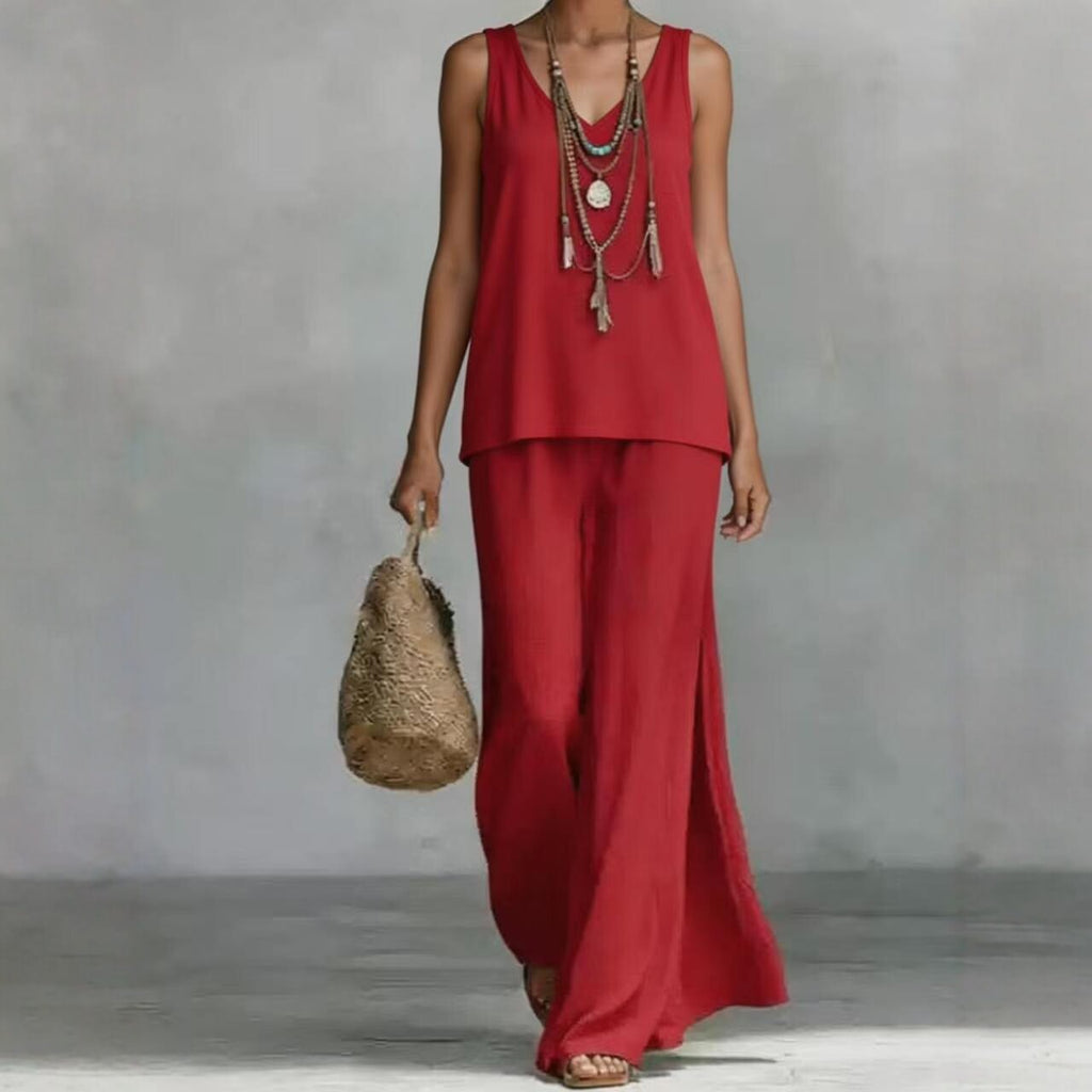 New Casual Bohemian-style Wide-leg Pants And V-neck Vest Set