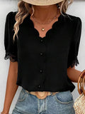 Minimalist Short-Sleeve Solid-Color Top With Notched Hem And V-Neck