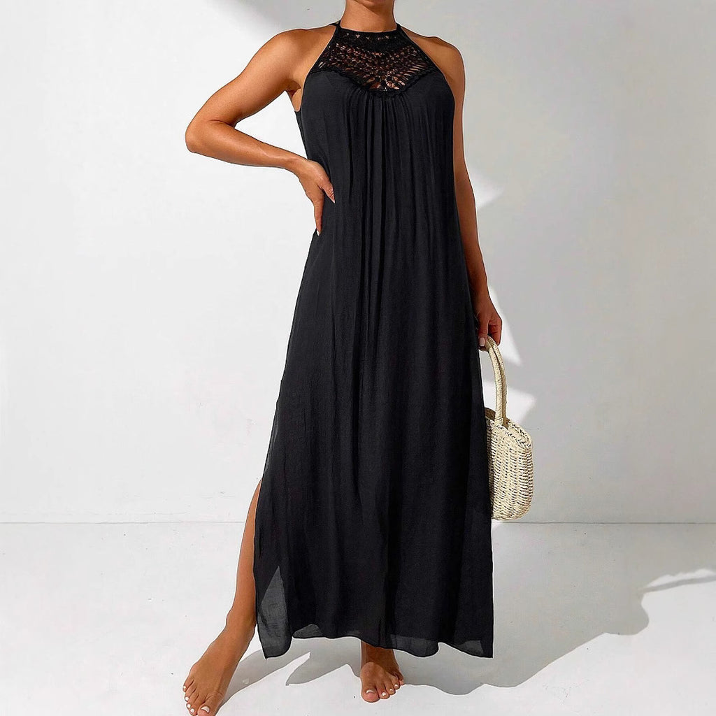 Womens Hollow-Out Lace Halterneck Beach Vacation Long Dress