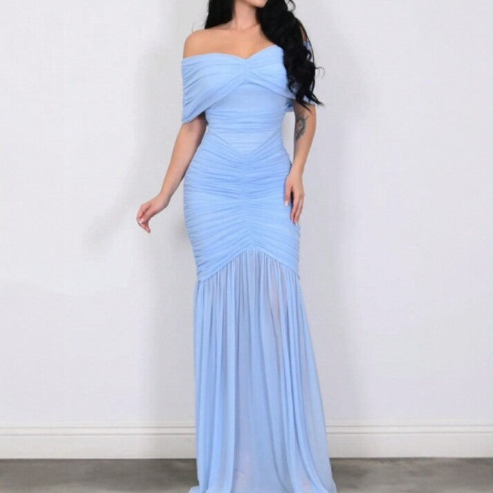 Slim Fit Pleated Mesh Patchwork Maxi Dress