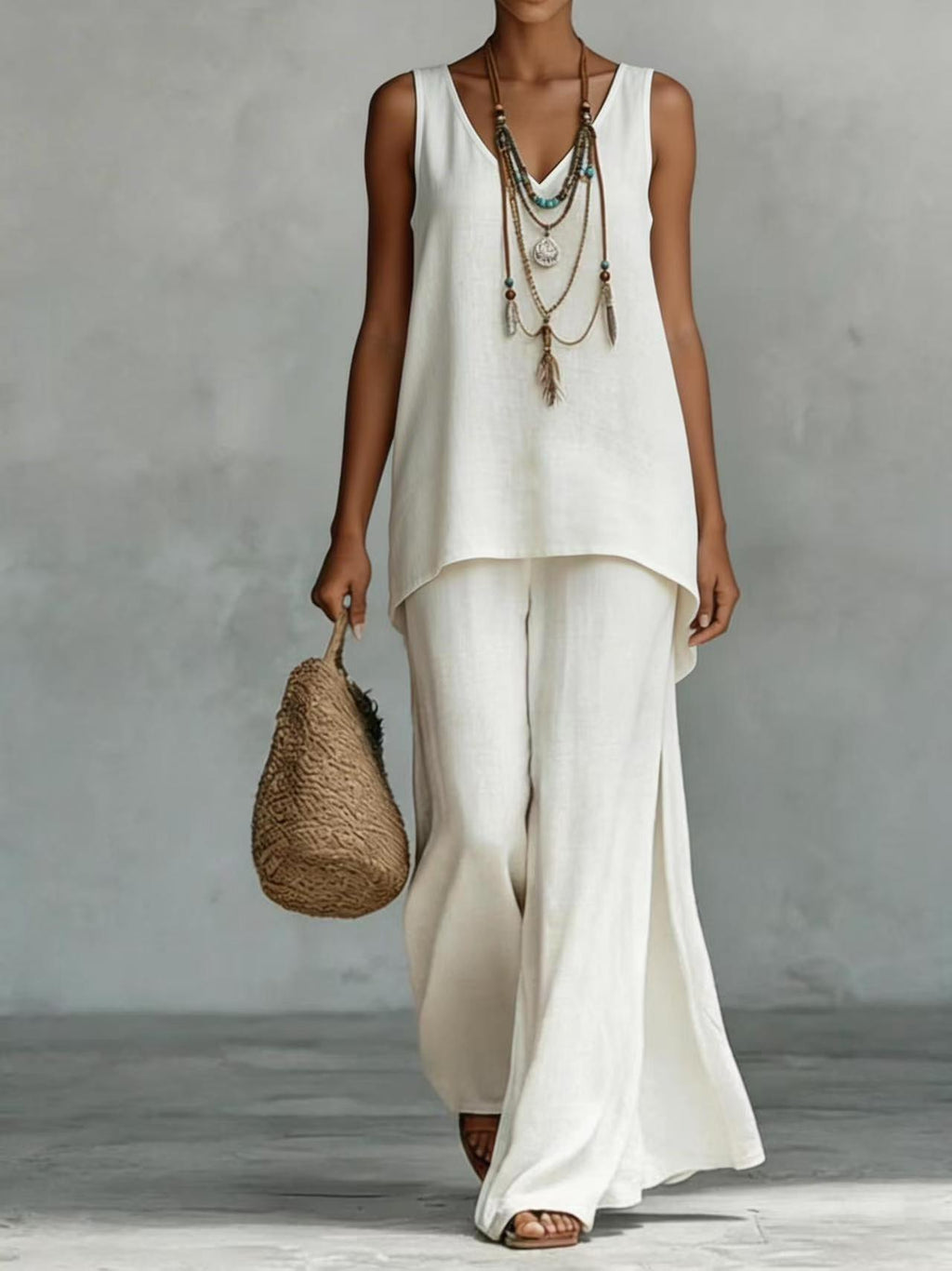 New Casual Bohemian-style Wide-leg Pants And V-neck Vest Set