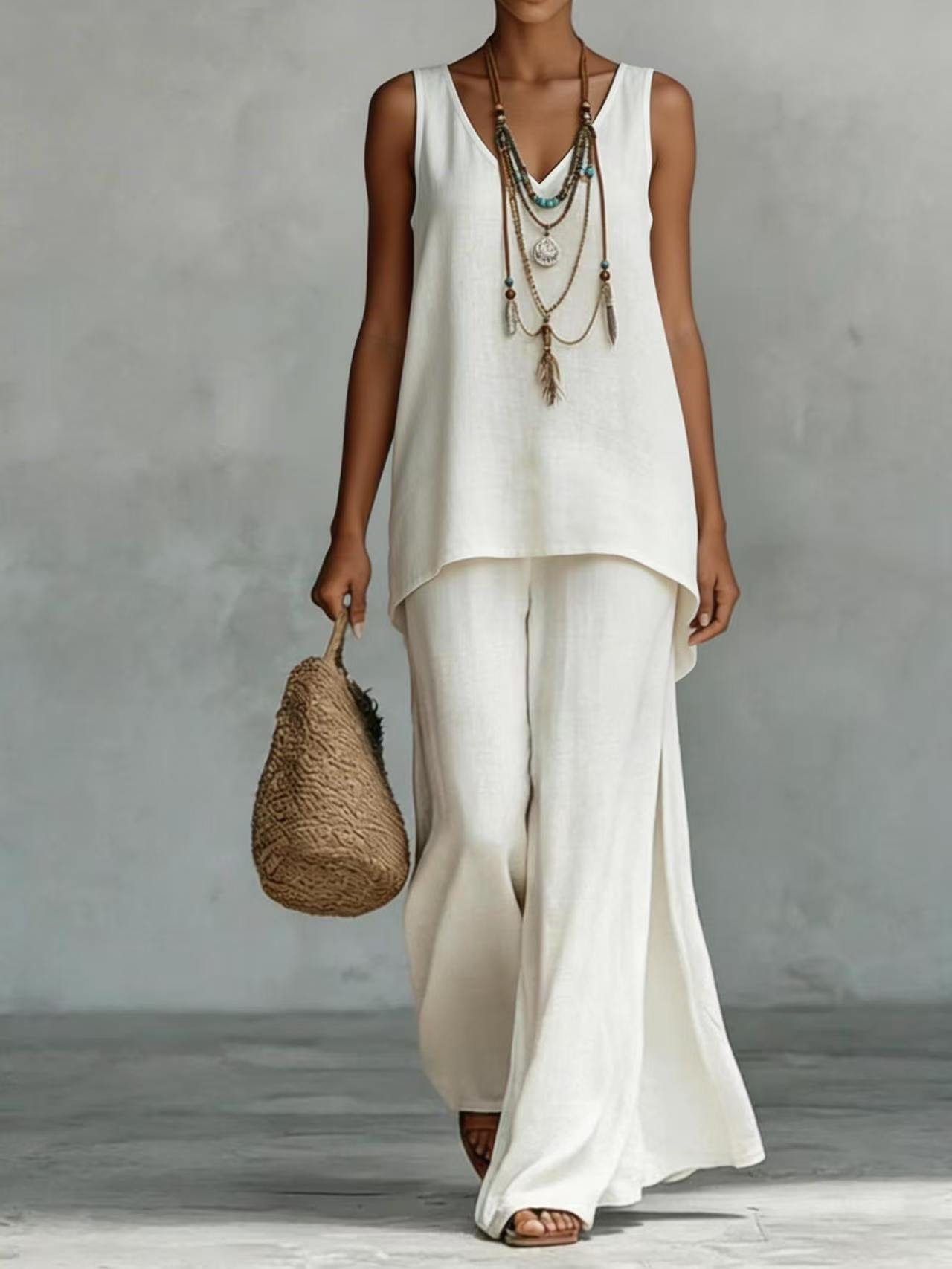 New Casual Bohemian-style Wide-leg Pants And V-neck Vest Set