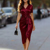 Womens Solid-Color Elegant Satin V-Neck Dress With Bow
