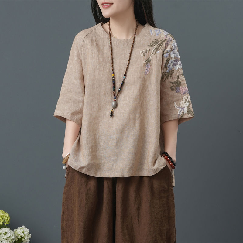 Summer Ethnic Style Embroidered Plus-Size Loose Fit Artistic Vintage Chinese Style T-Shirt