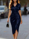 Womens Solid-Color Elegant Satin V-Neck Dress With Bow
