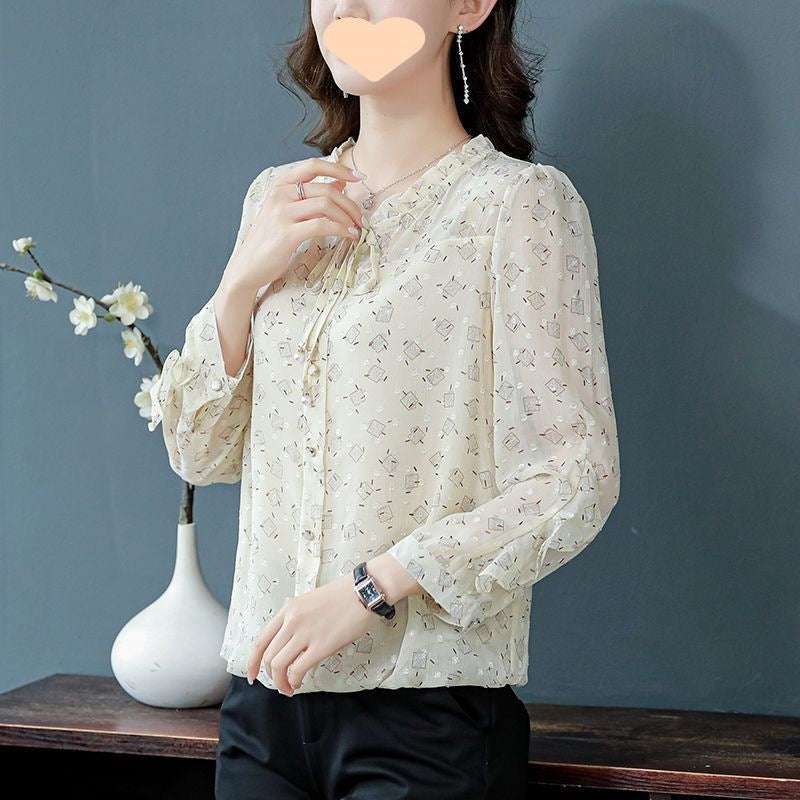 French-style Ruffled Floral Long-sleeve Chiffon Blouse