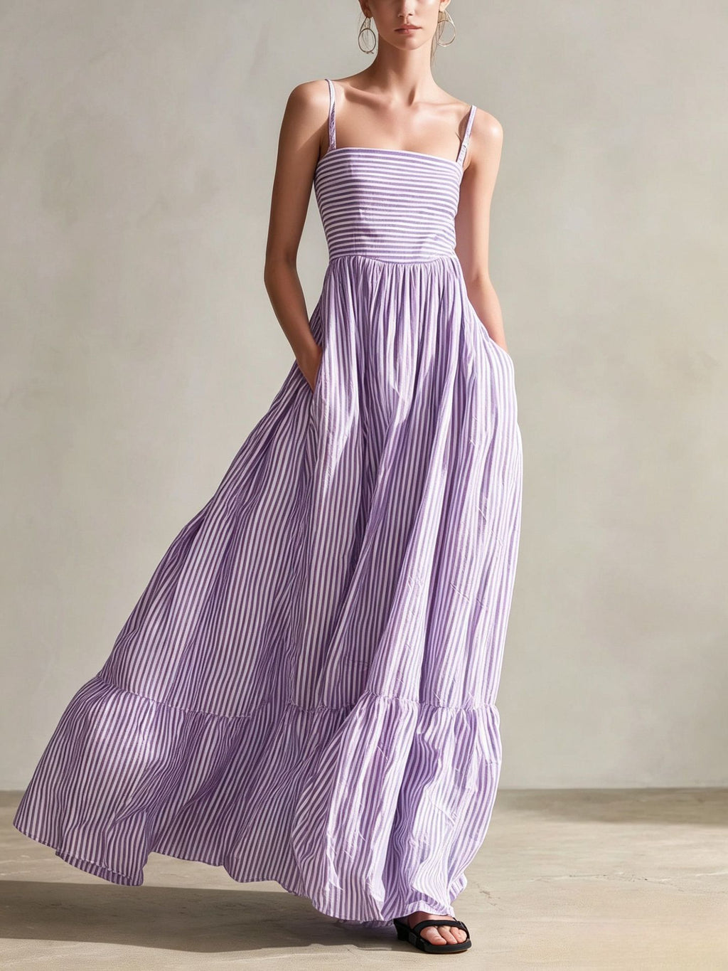 Striped Woven Sleeveless Long Dress With Thin Straps
