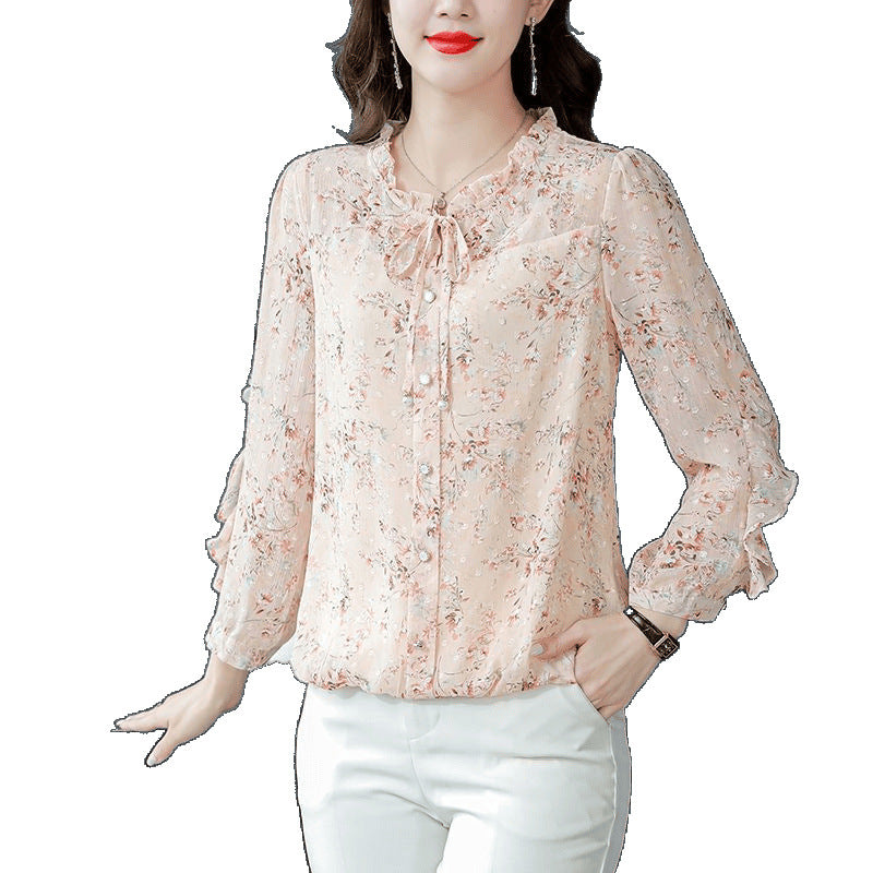 French-style Ruffled Floral Long-sleeve Chiffon Blouse