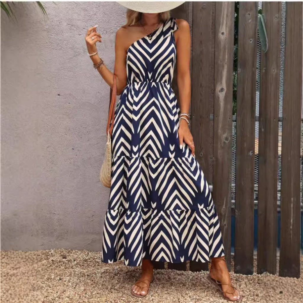 Printed Off-Shoulder Lace-Up Bohemian Dress