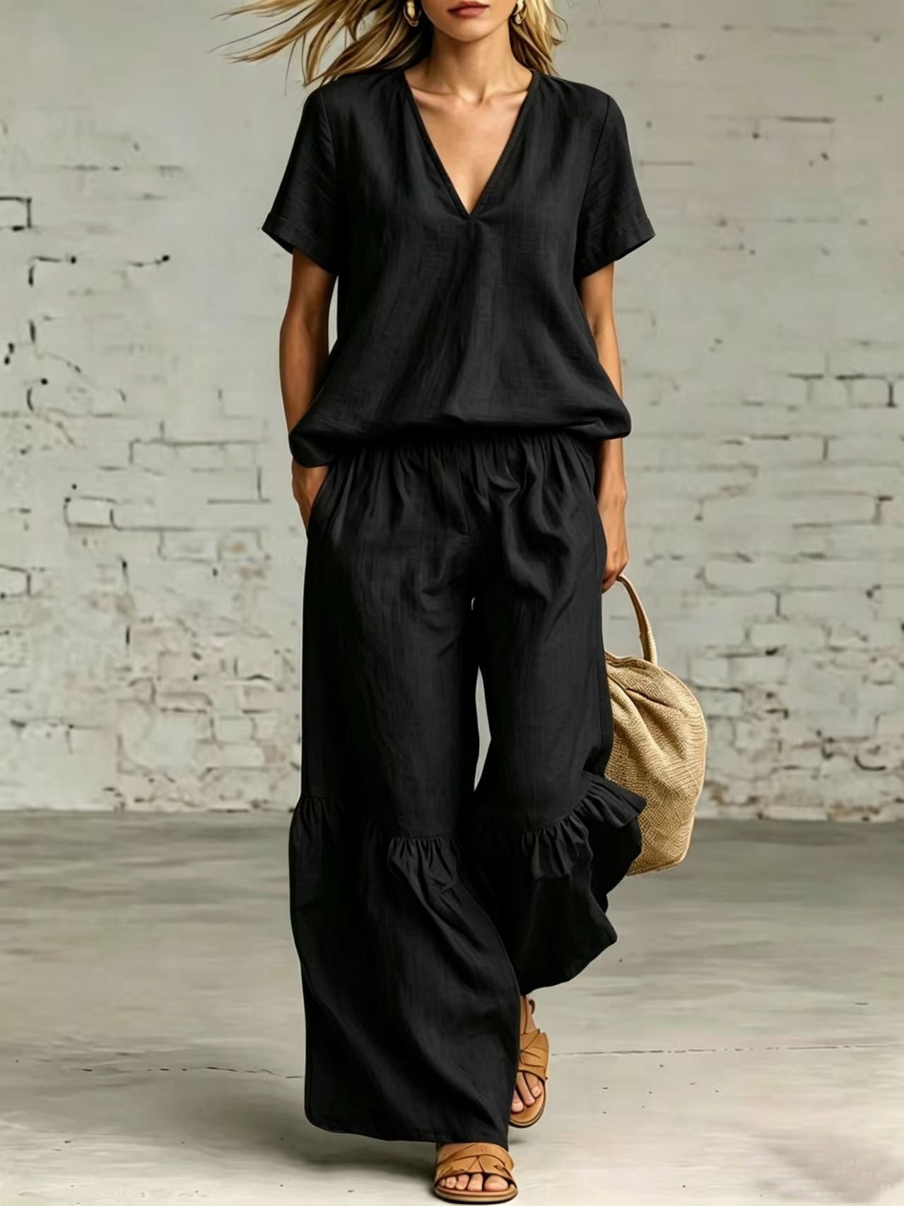 Womens Casual Solid Color V-Neck Loose Short-Sleeve Pants Set