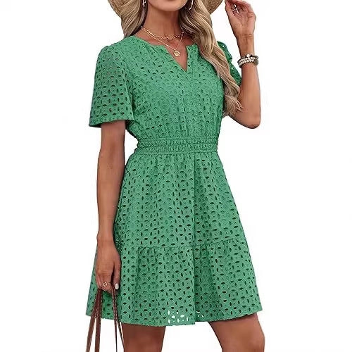 Womens Hollow-out Lace Short-sleeve Dress