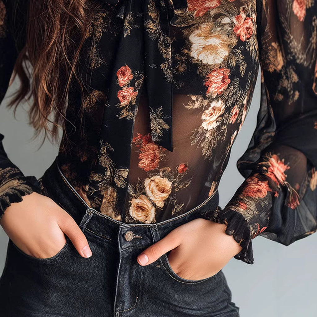 Women's Sheer Floral Print Collar Shirt