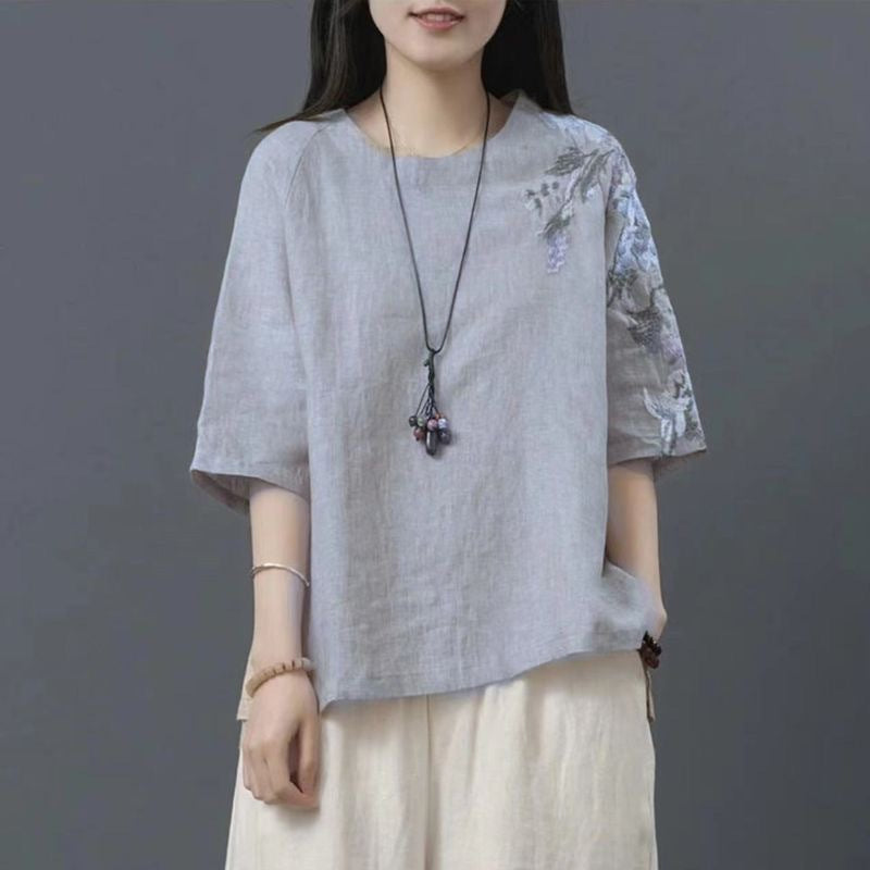 Summer Ethnic Style Embroidered Plus-Size Loose Fit Artistic Vintage Chinese Style T-Shirt