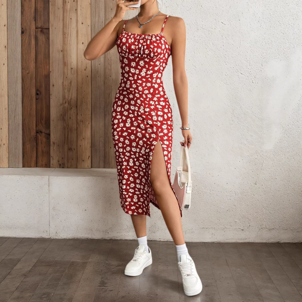Summer Fashion Printed Strap Pleated Slit Dress Womens Wear