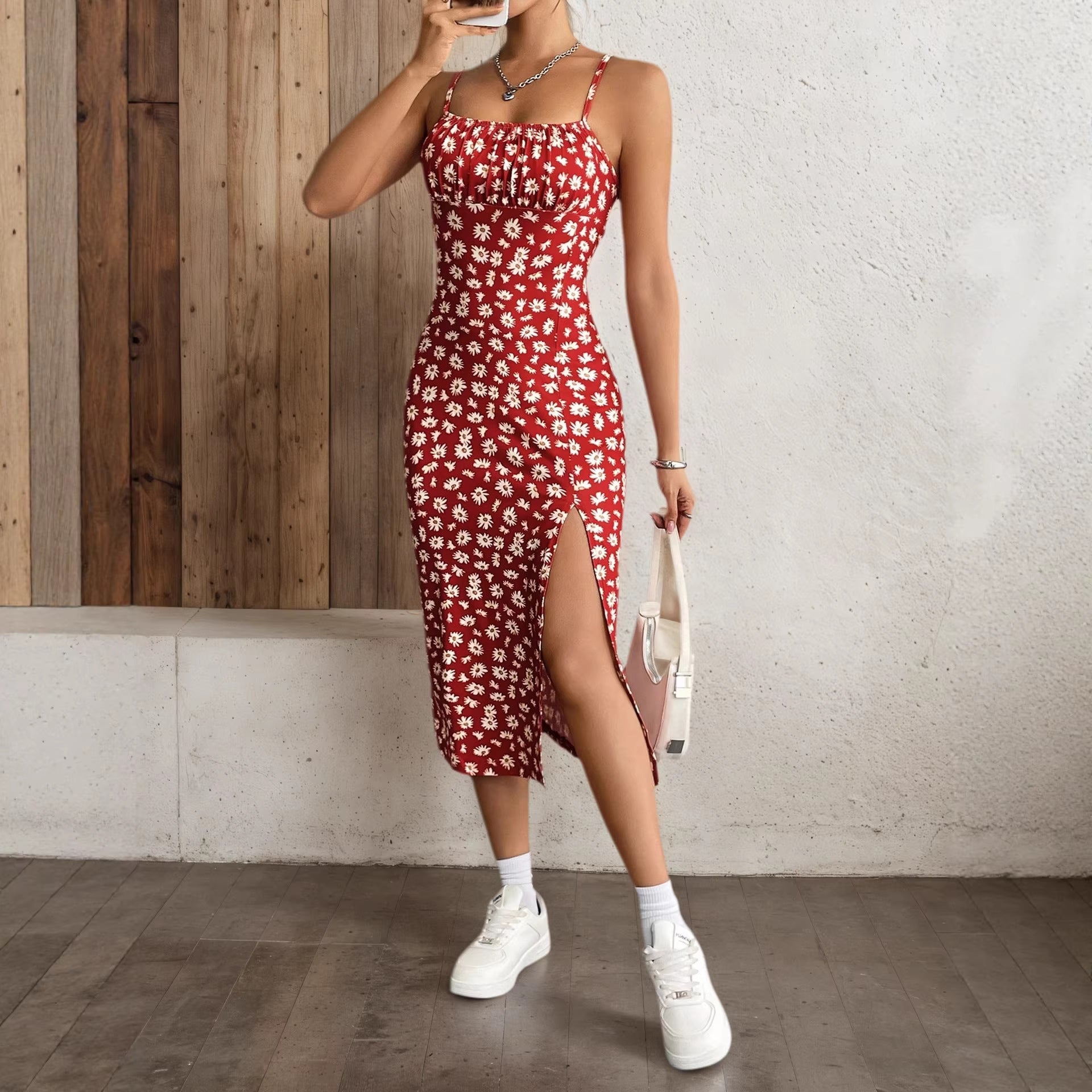 Summer Fashion Printed Strap Pleated Slit Dress Womens Wear