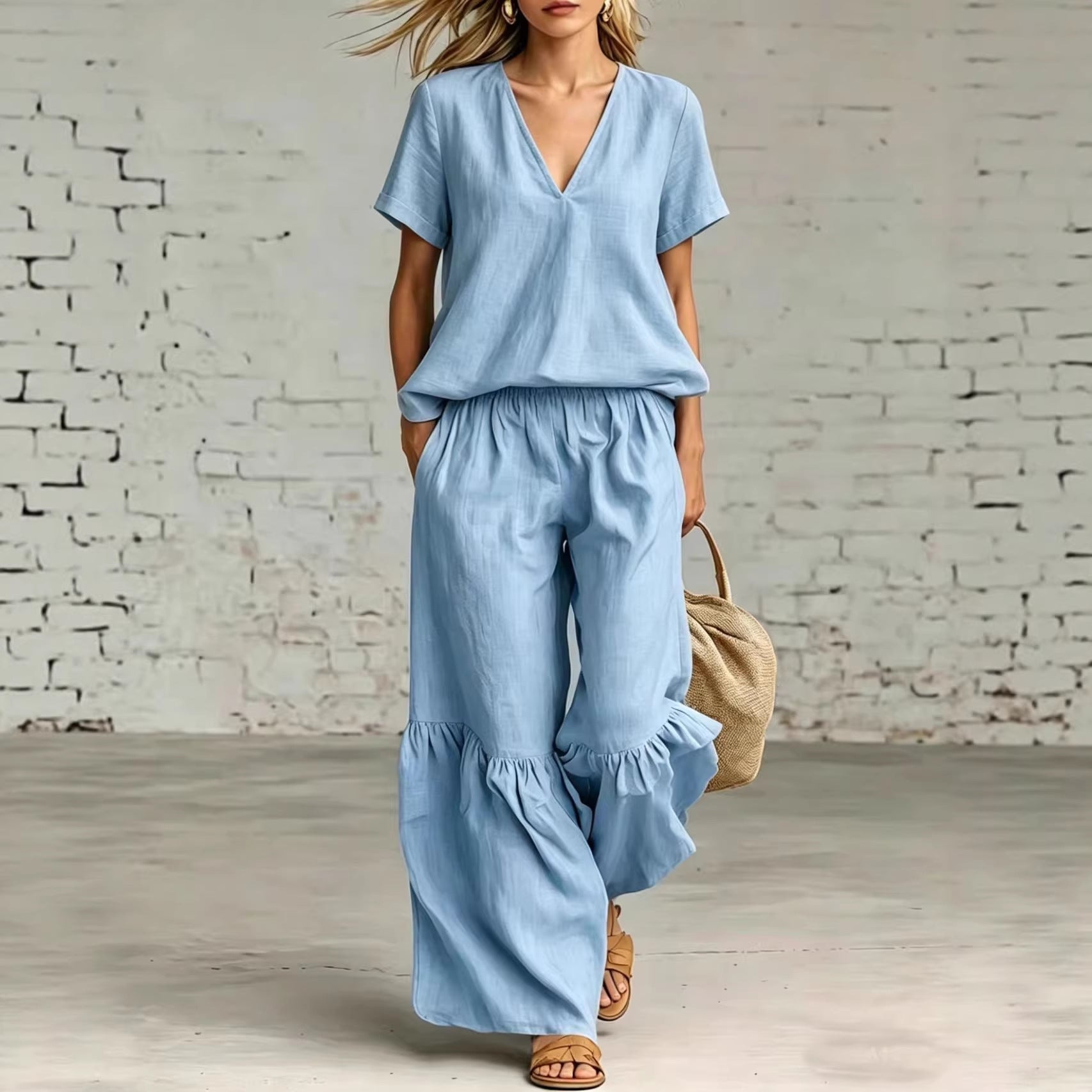 Womens Casual Solid Color V-Neck Loose Short-Sleeve Pants Set