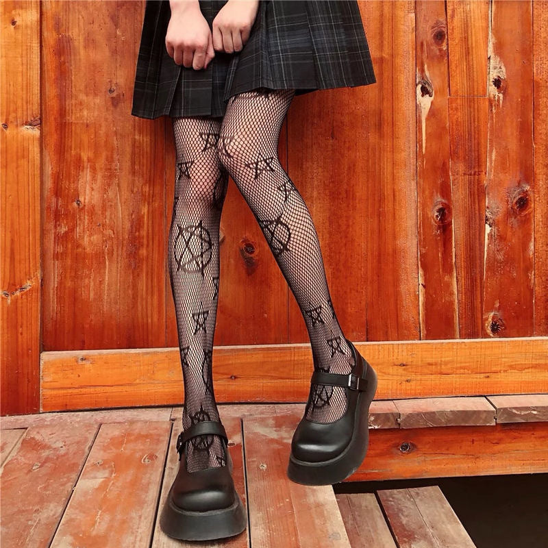 Japanese Style Magic Pentagram Hollow Fishnet Socks, Girl's Pentagram Versatile JK Black Pantyhose For Women, Plus Size