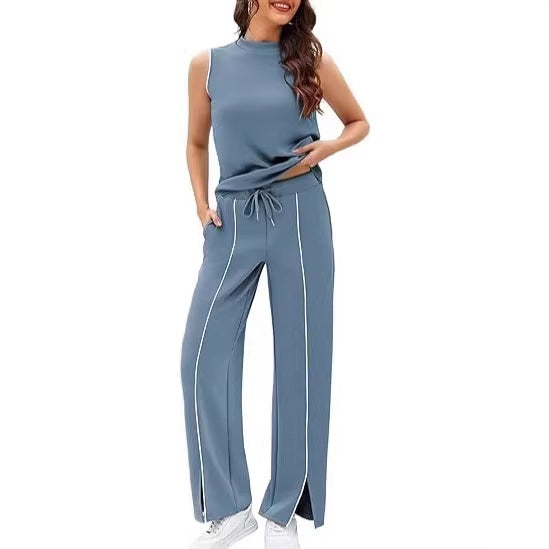 Sleeveless Tank Top And Wide-Leg Pants Two-Piece Womens Casual Sportswear Set