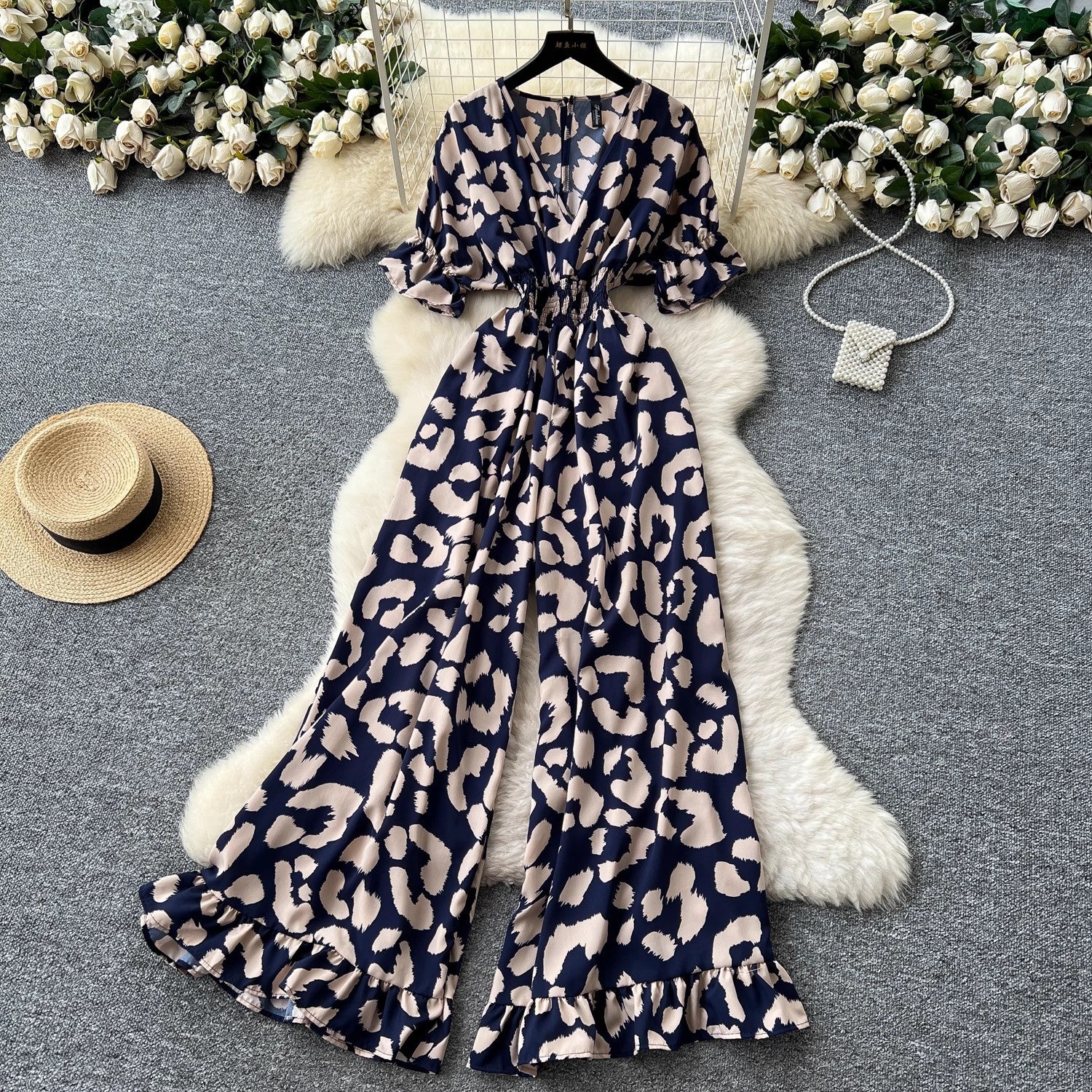 Women's Casual V-Neck Elastic Waist High-Waist Wide-Leg Printed Jumpsuit