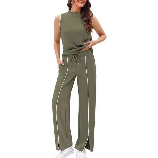 Sleeveless Tank Top And Wide-Leg Pants Two-Piece Womens Casual Sportswear Set