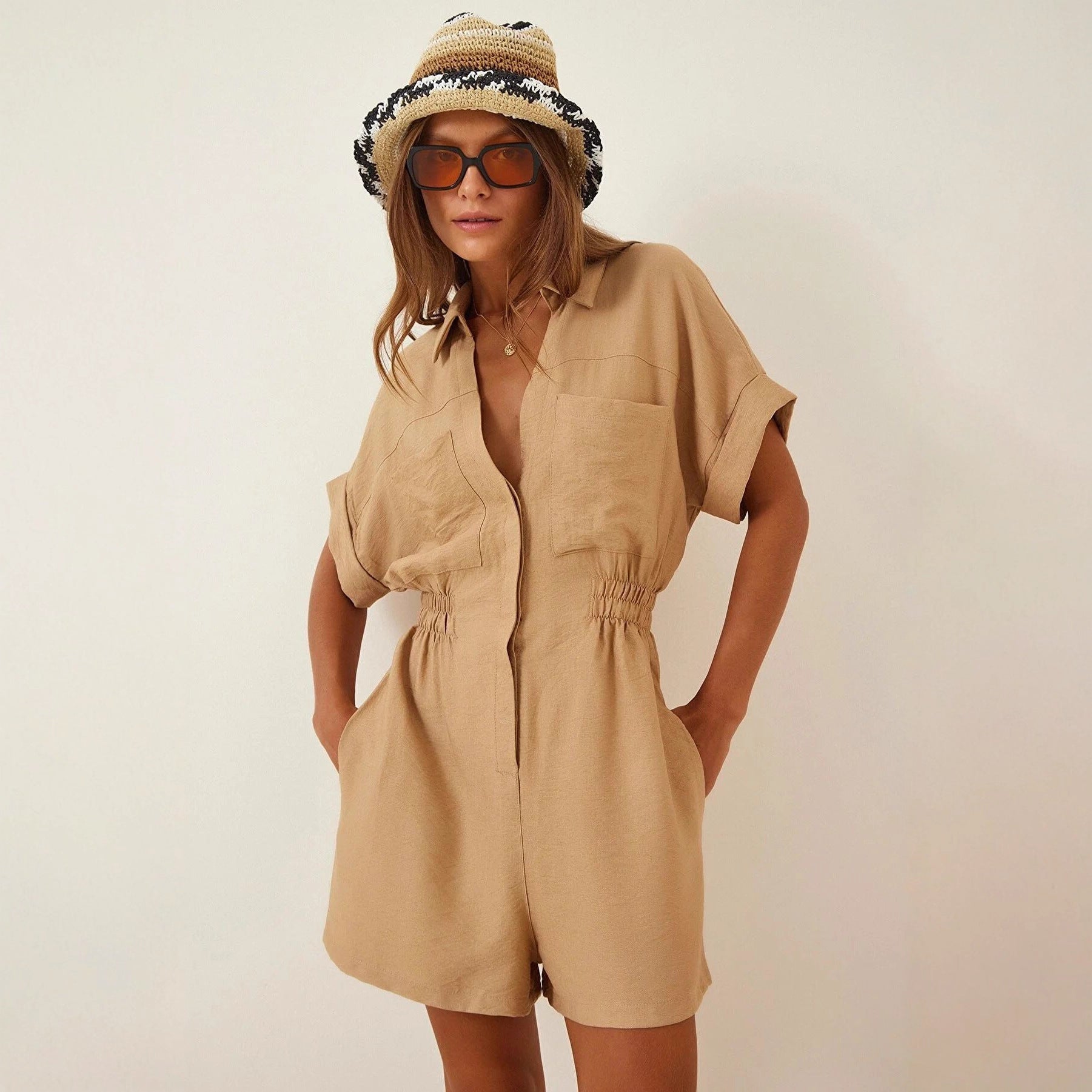 Workwear Jumpsuit Loose-fitting Figure-flattering Made Of Cotton And Linen