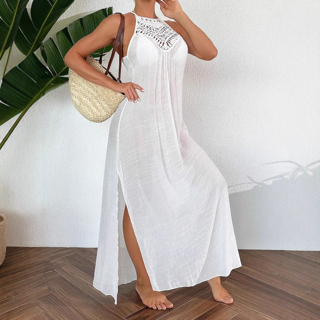 Womens Hollow-Out Lace Halterneck Beach Vacation Long Dress